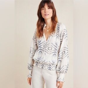 Anthropologie Porridge Ines Ikat Peasant Blouse smocked cotton cream gauze M